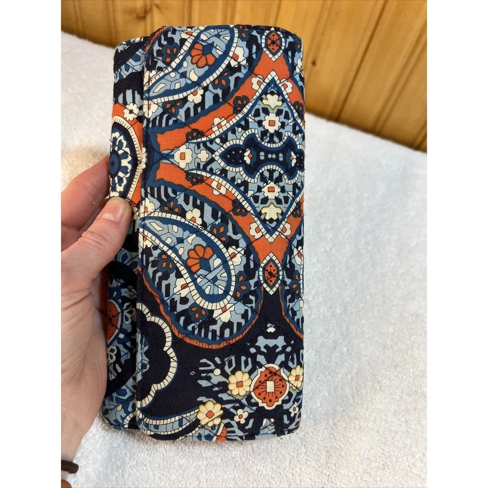 Vera Bradley Trifold Wallet Magnetic Closure Navy Light Blue And Orange Used - Picture 7 of 11